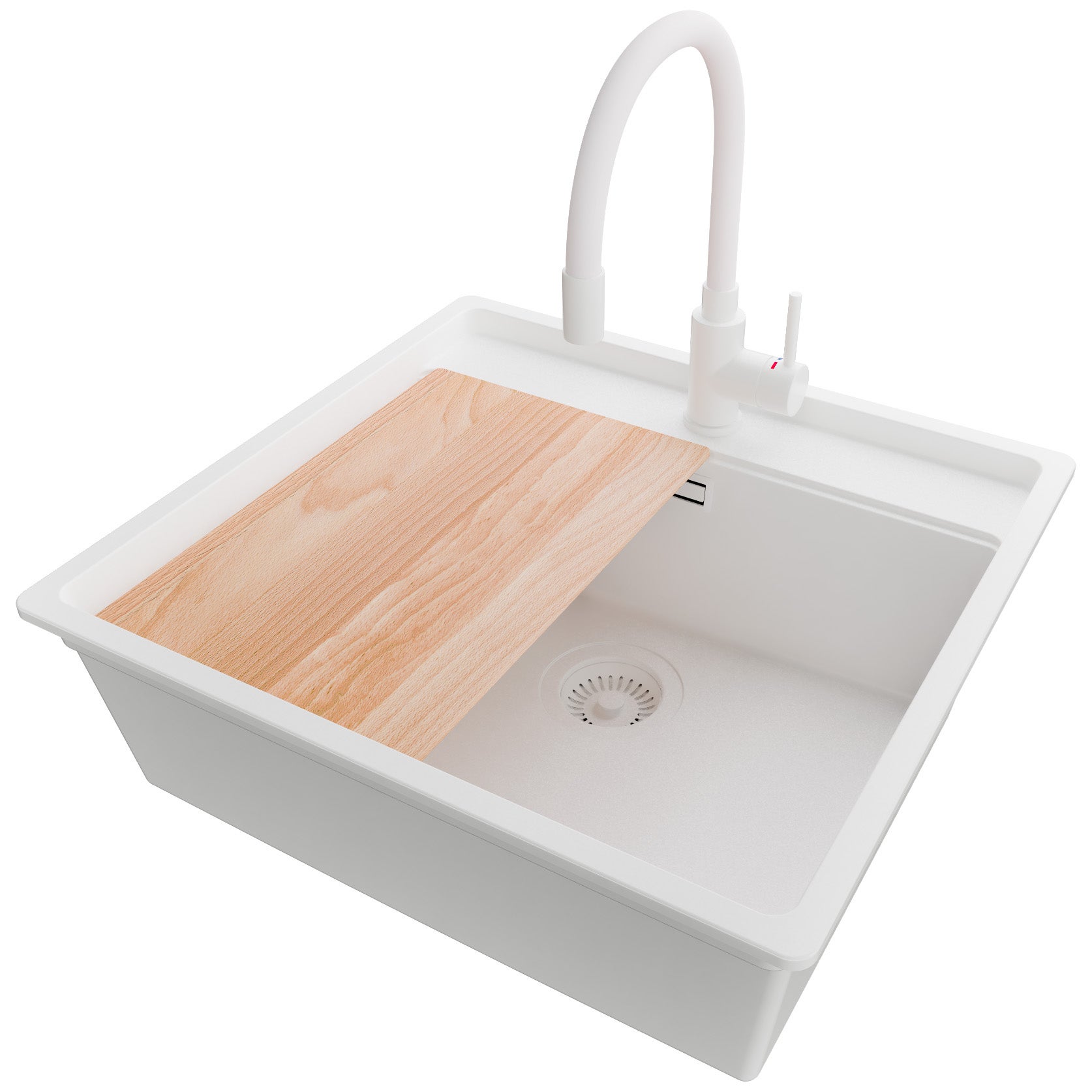 Zlewozmywak Granitowy Cały Biały 56x53cm, Zlew Kuchenny 1 Komorowy + Bateria 38x14cm + Syfon + Deska, Nablatowy do szafki od 60cm - Bergen PRIMAGRAN