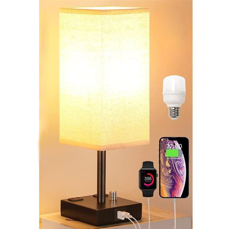 Lampka Nocna Dotykowa z Portami Ładowania Ściemnianie stopniowe Czarny Abażur z Tkaniny Podstawa z Elementami Żelaza Lampa Żarówka w Zestawie