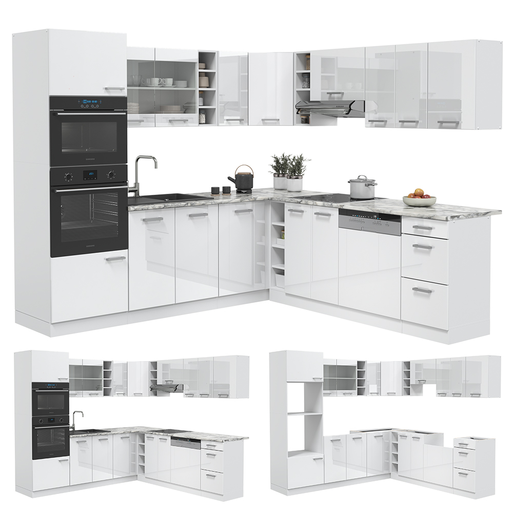 Vicco Cuisine en angle R-Line, blanc brillant/blanc, 247x60cm , PT Chêne - 9