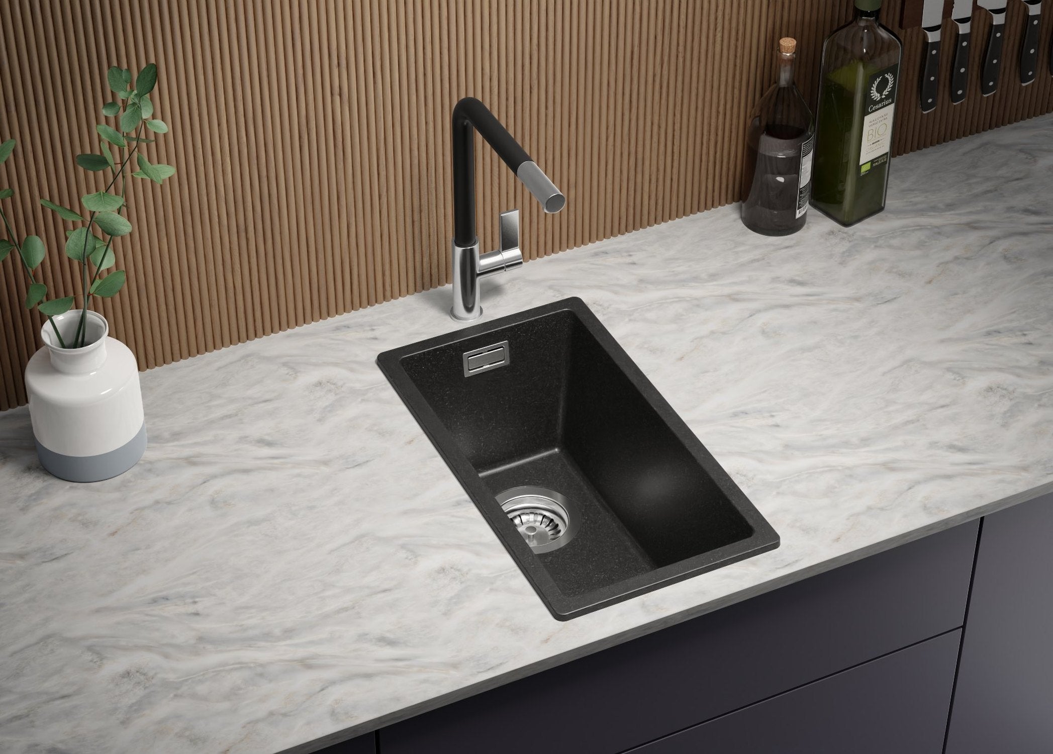 Evier Cuisine en Granit Graphite 26x47cm, Lavabo 1 bac + Kit de Vidage, Évier à Encastrer au meuble 30cm - London Slim PRIMAGRAN - 3