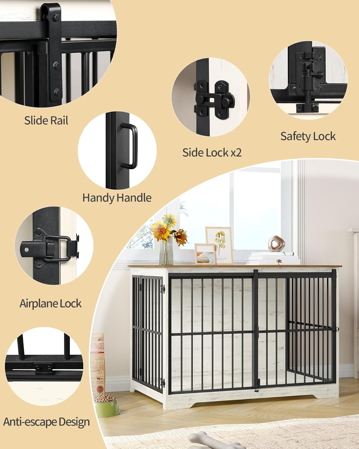 Caixa de transporte para cães, mesa de apoio, canil moderno, casota para cachorros, casota para animais de estimação, 2 portas, branco e castanho - 7