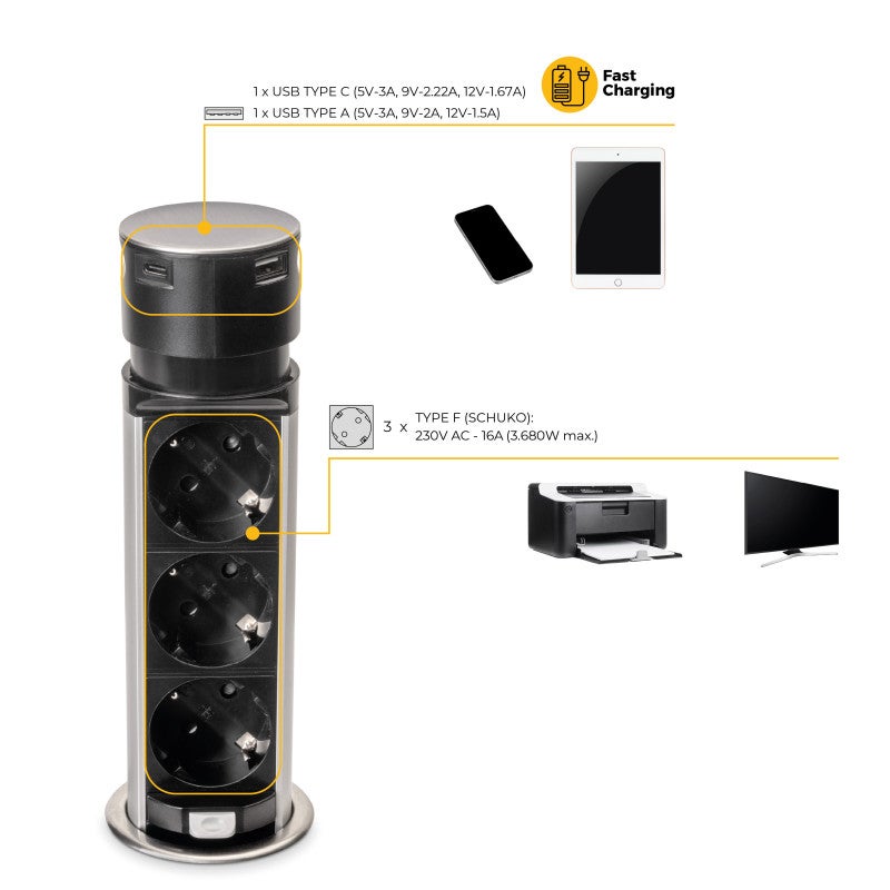 Emuca Multiconector Vertikal Push 60 amovível, diâmetro 60 mm, 3 fichas Schuko, 1 USB tipo A, 1 USB tipo C, Aço e plástico, Aço inoxidável - 8