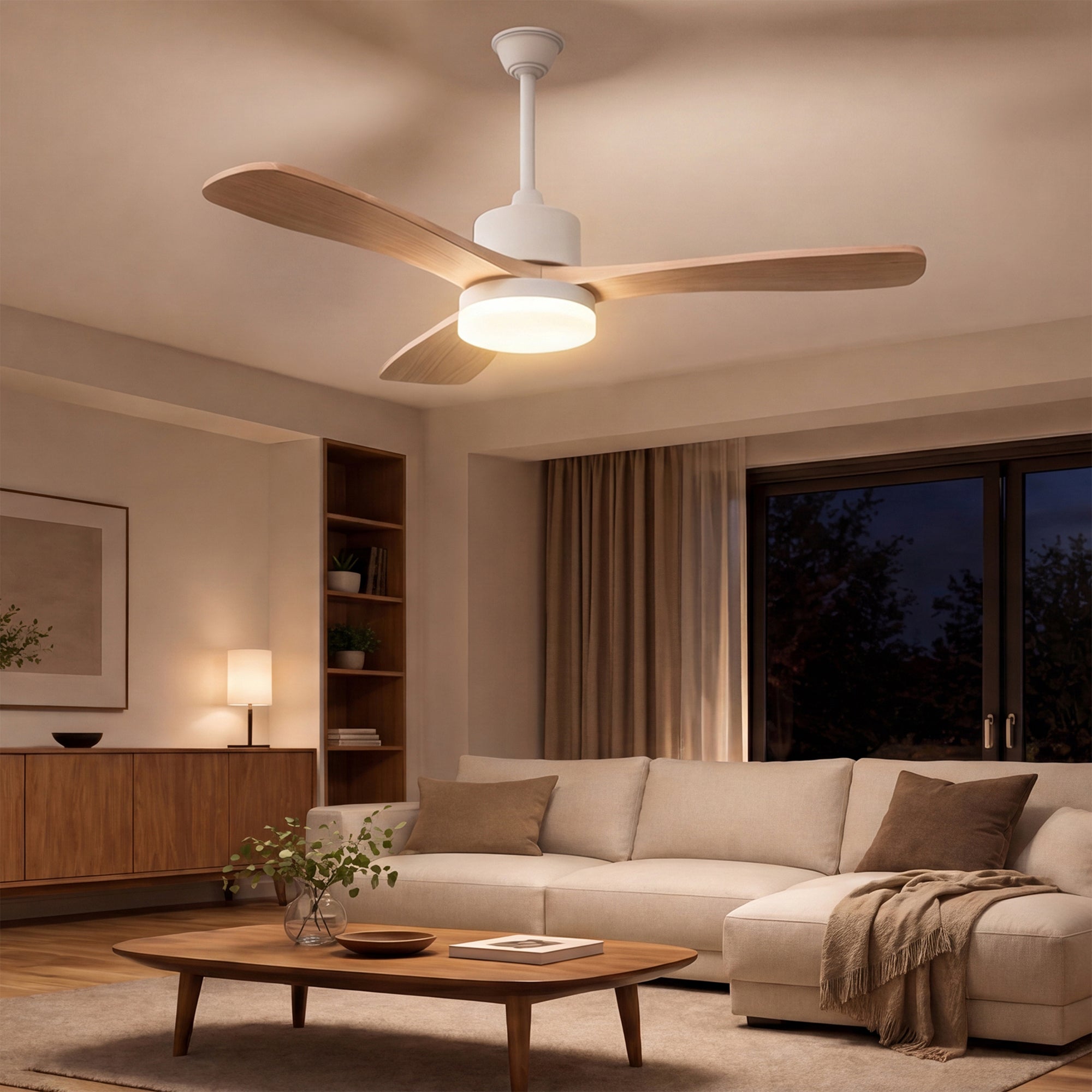 Ventilateur de plafond 2-en-1 couleur bois naturel avec éclairage LED (modèle à 3 pales de 42 pouces en bois massif), L106.6cm - 10