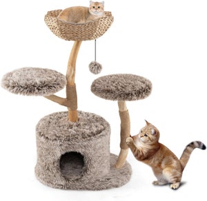 Tiragraffi In Legno Massello Con Ruota – Albero Per Gatti 80x40x152 Cm, 4 Piattaforme E 2 Casette