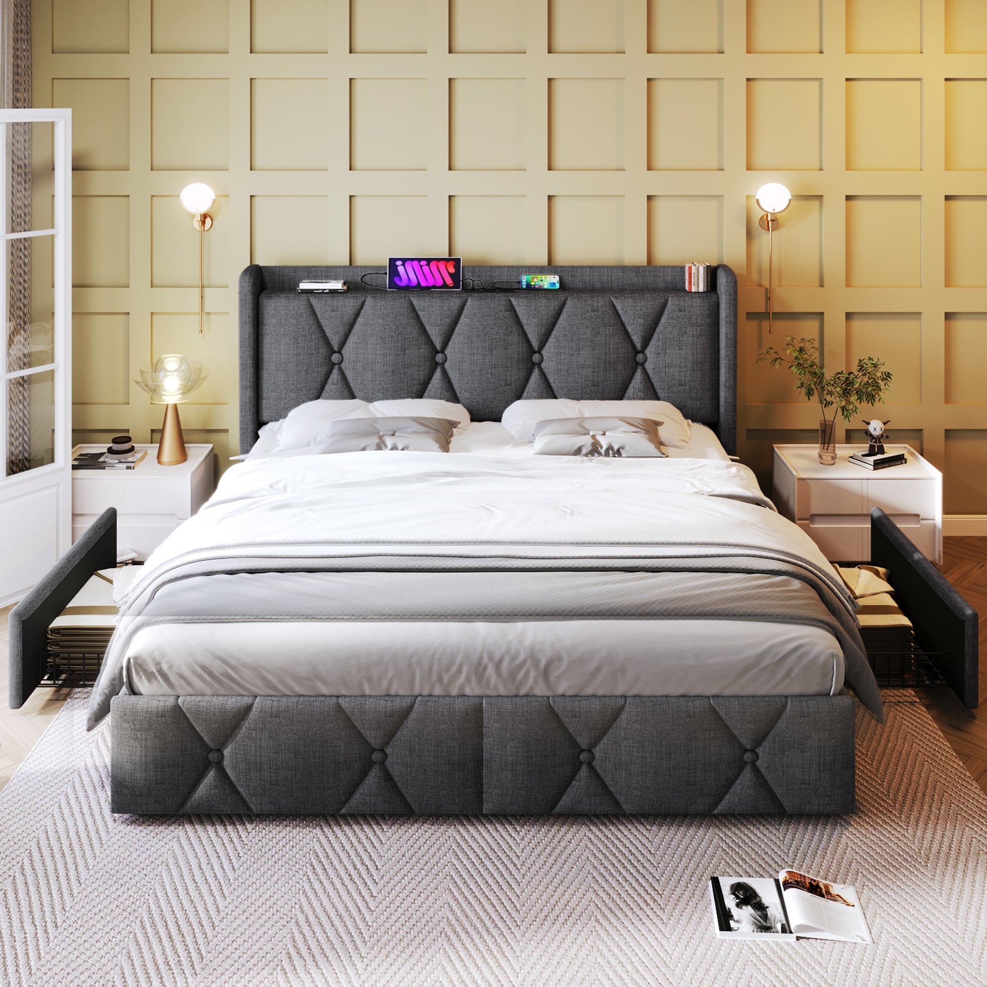 Lit coffre lit 160x200 cm Lit rembourré lit double avec Tête de Lit USB, 4 Tiroirs de Rangement et Sommier à Lattes Bois - lin -Gris - 7