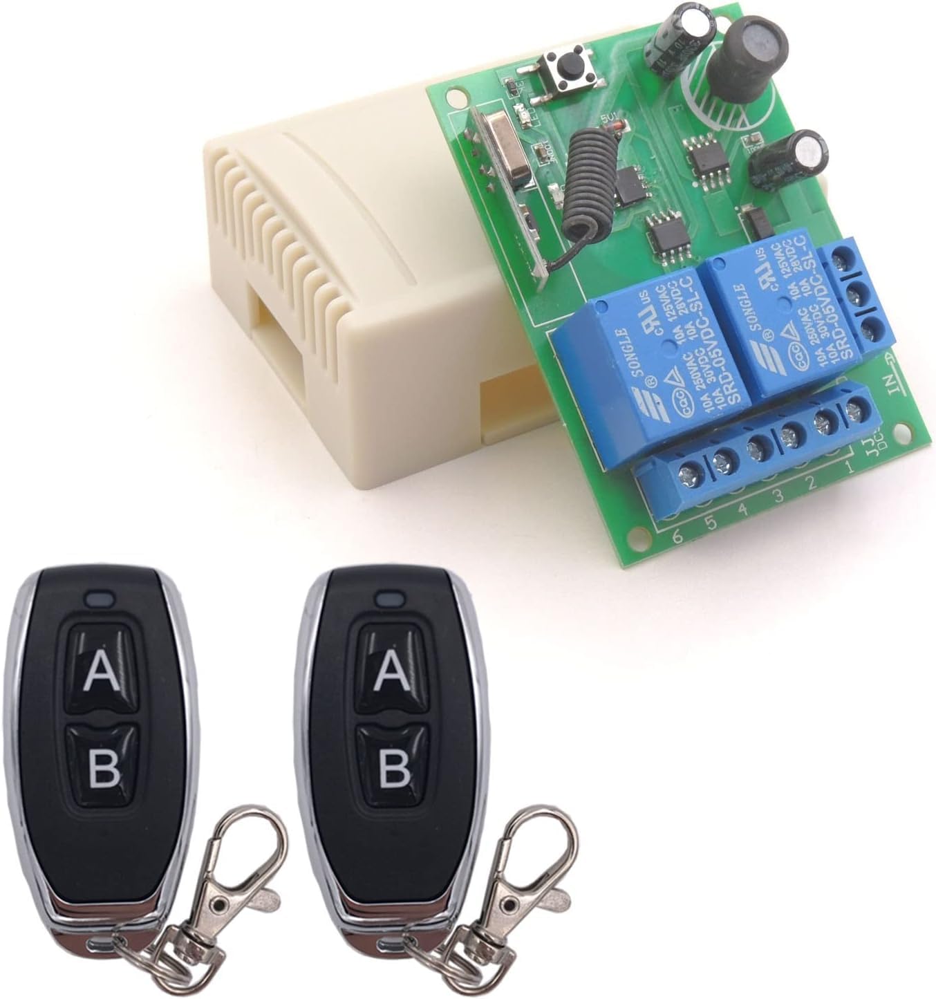 Comutator wireless RF 433 MHz 12-30V cu receptor releu 10A și 2 telecomenzi, pentru motoare, lumini și uși de poartă.