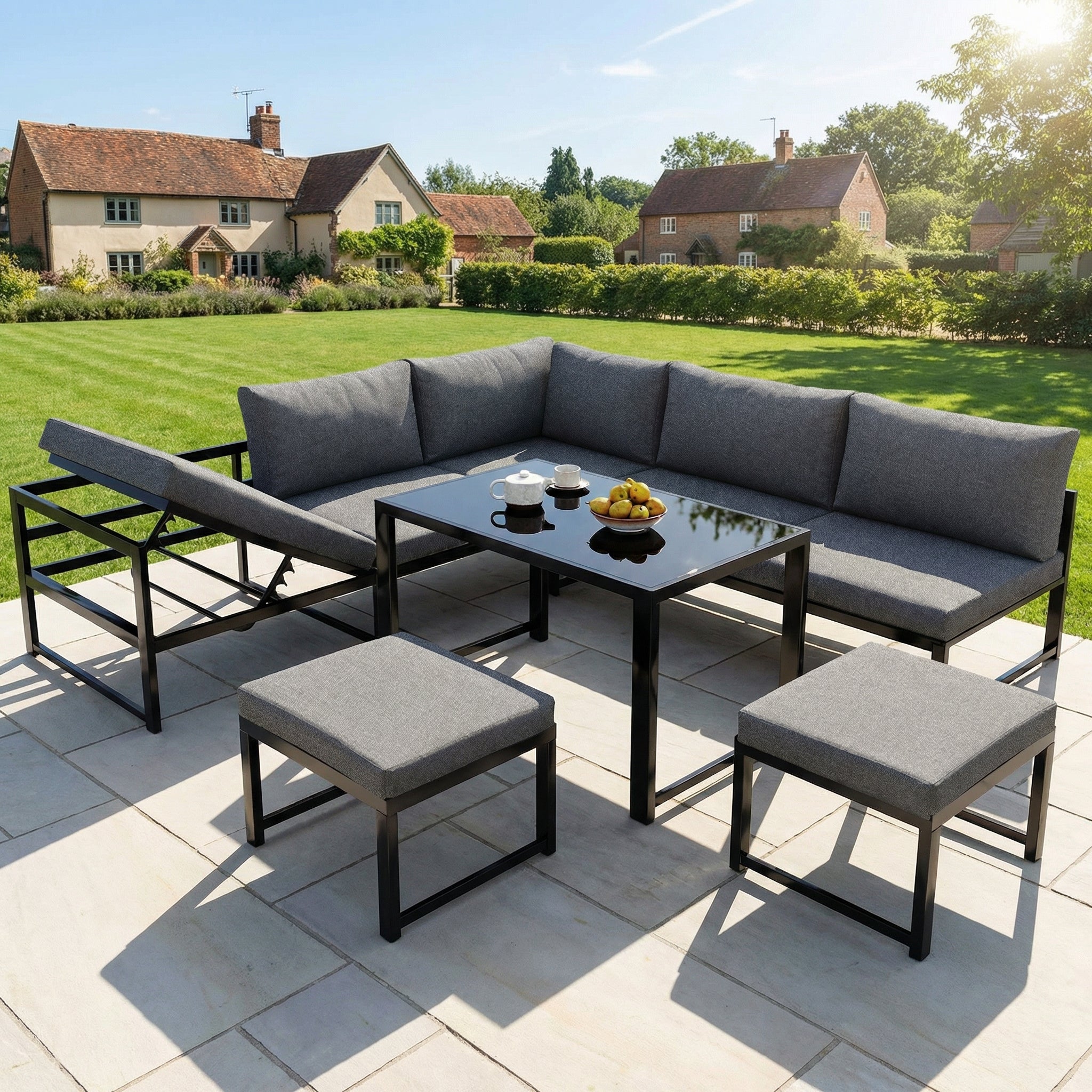 Zestaw mebli ogrodowych modułowych metalowych: 1 sofa 3-osobowa podnoszona + 1 sofa 2-osobowa + 2 stołki + 1 szklany stolik kawowy - Szary + czarny