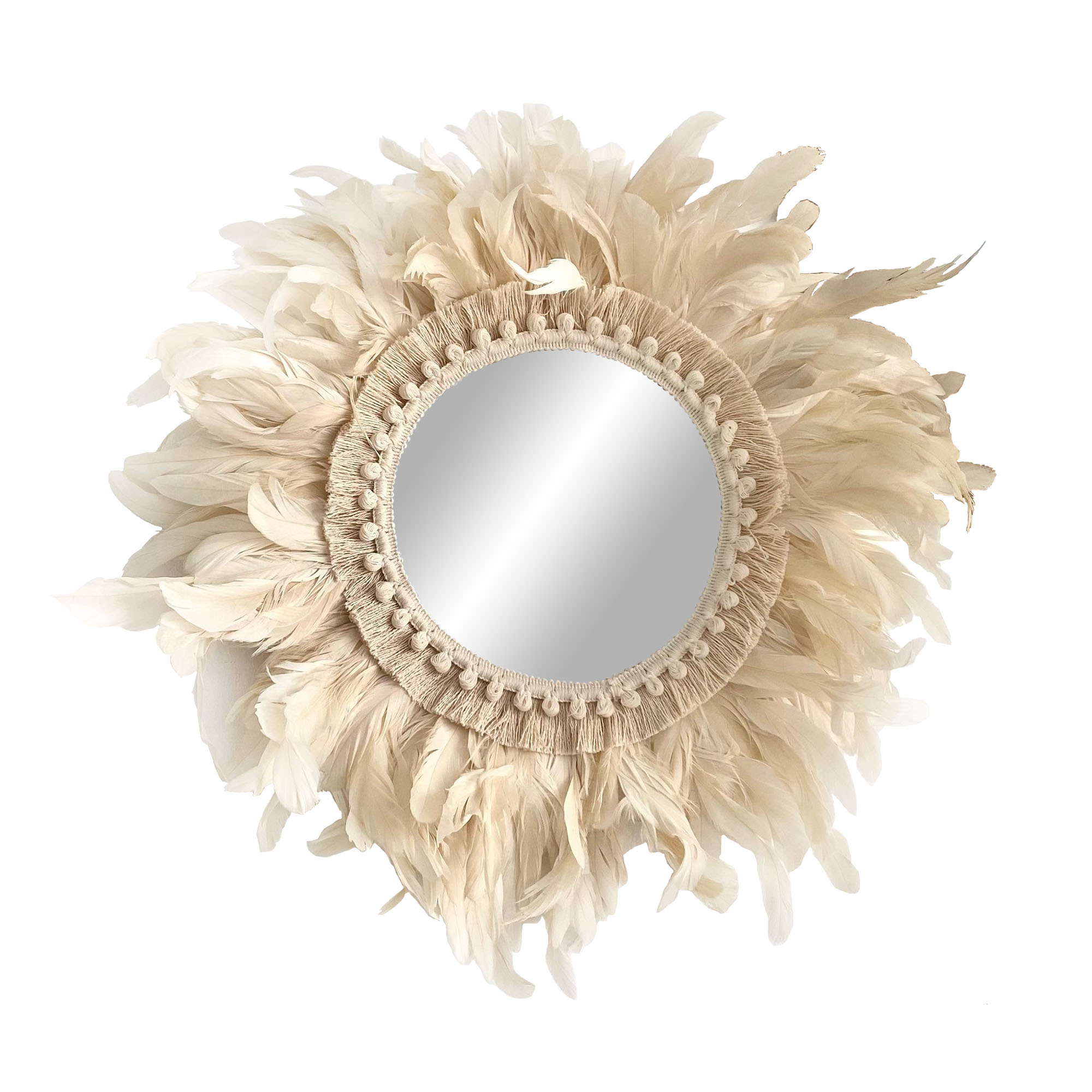 Espejo redondo de plumas naturales de gallo decoración de pared estilo étnico - mirror feathers tail beige 50cm