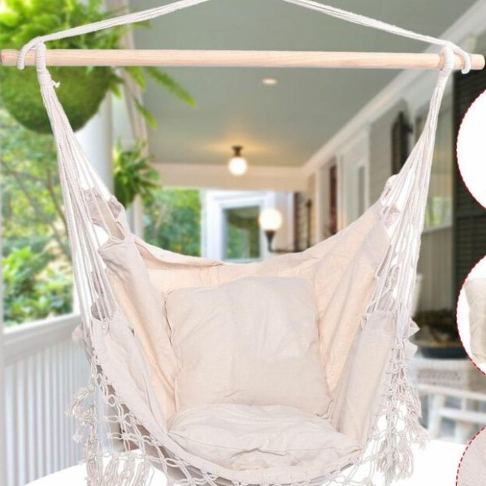 Mecedora Colgante Sillón de Jardín con Soporte y Cojines, Hamaca para Columpio Interior y Exterior - Beige - 6