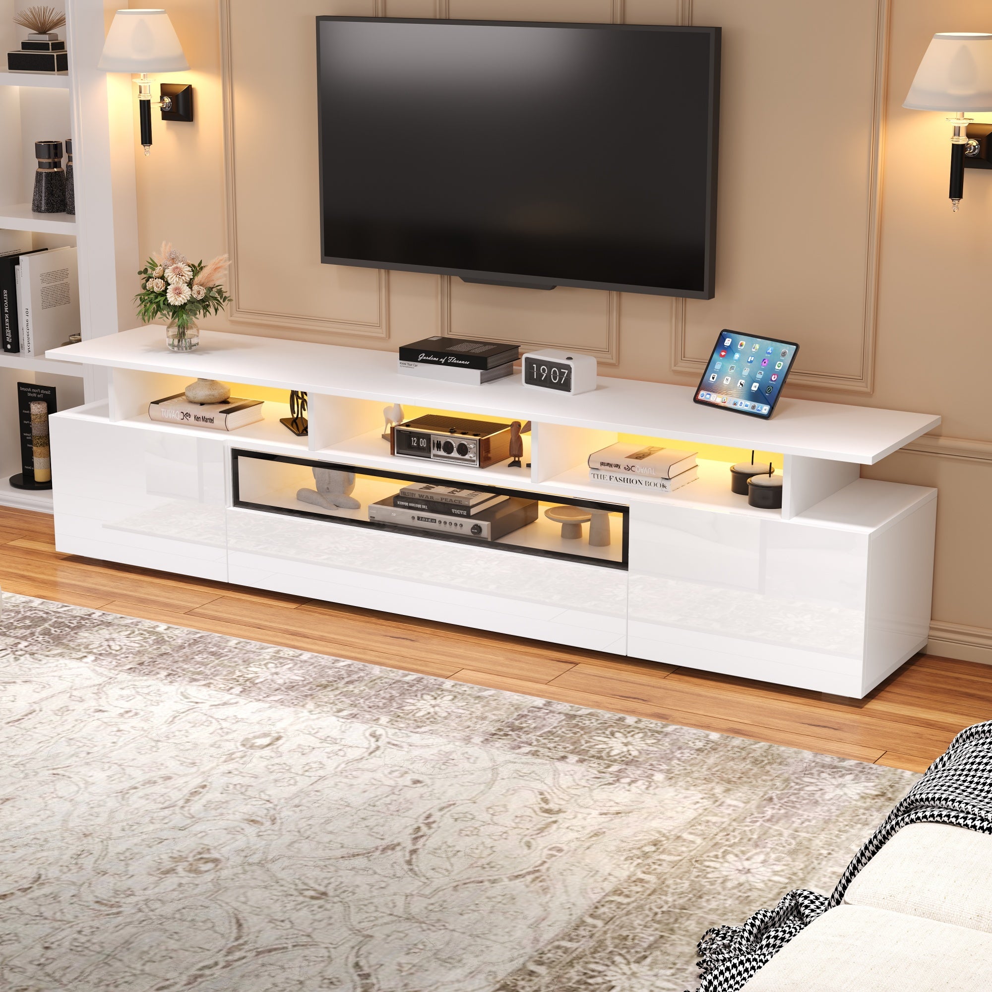 Szafka RTV z 2 drzwiami, 1 szufladą i 3 przegrodami - 180 x 38 x 45 cm - Diody LED - Płyta wiórowa - Kolor biały