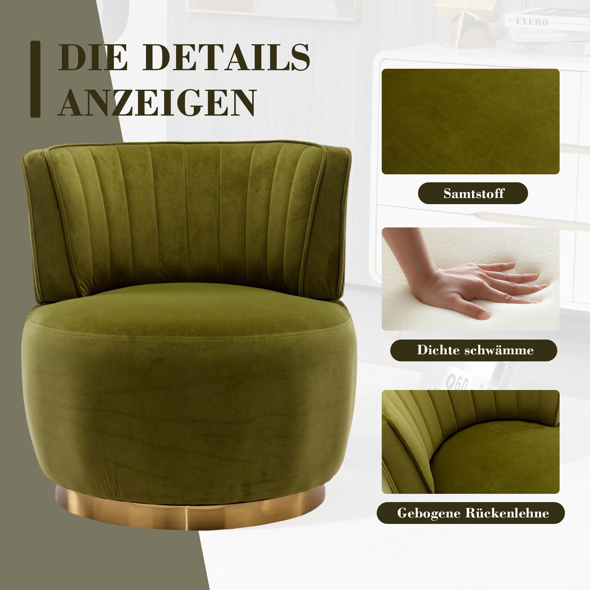 Fauteuil Pivotant 360° Velours Vert Olive - Chaise Lounge Moderne & Confortable - Structure Bois Robuste pour Salon & Chambre - 5