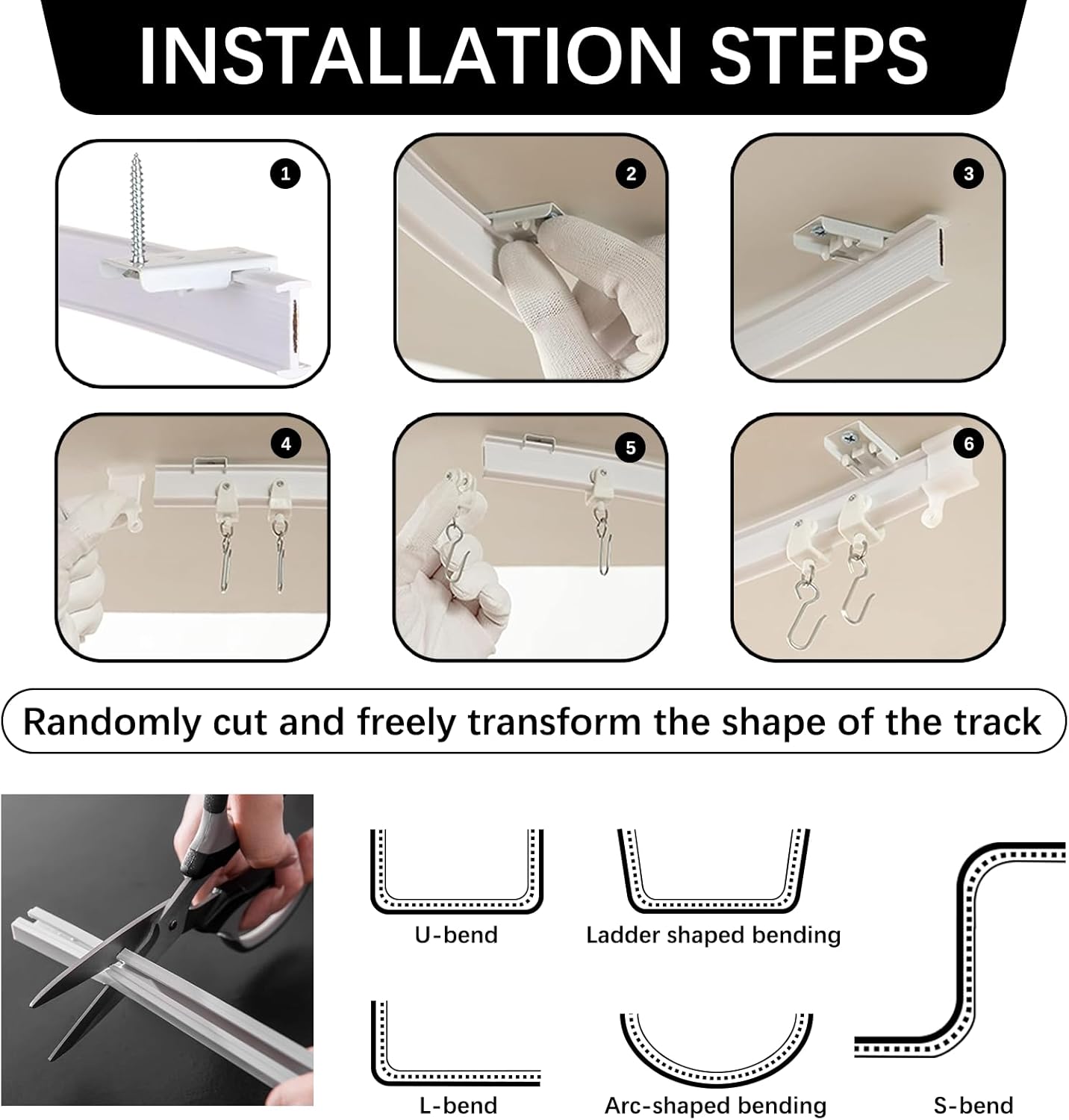 Binario per tende flessibile 3M per soffitto, binario per tende curvo con rulli silenziosi, ideale per finestre, privacy e arredamento per la casa - 6
