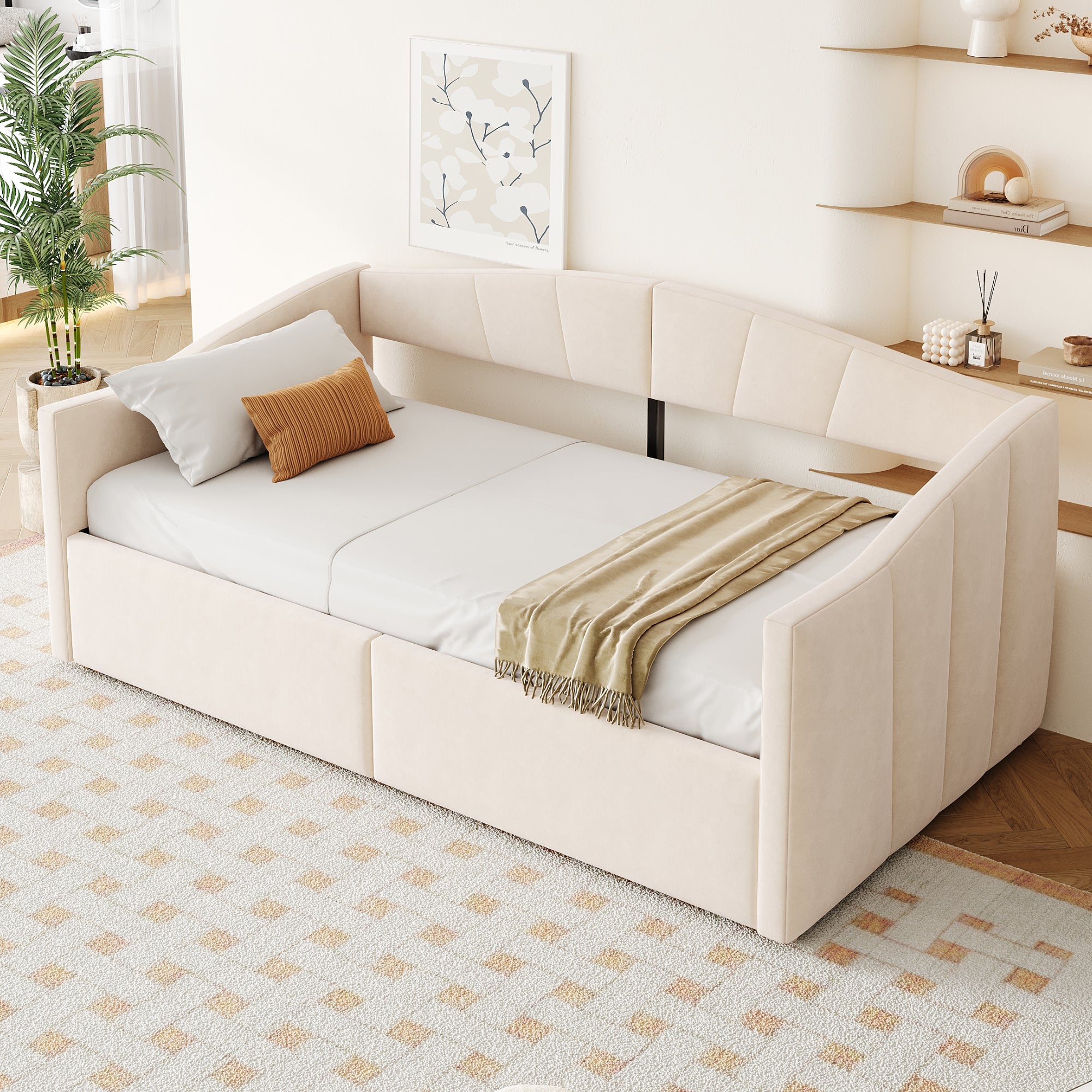 rozkładana sofa z pojemnikiem 90x200cm - stelaż lamelowy - tkanina welurowa - beżowy​ (materac nie jest wliczony w cenę) - 2