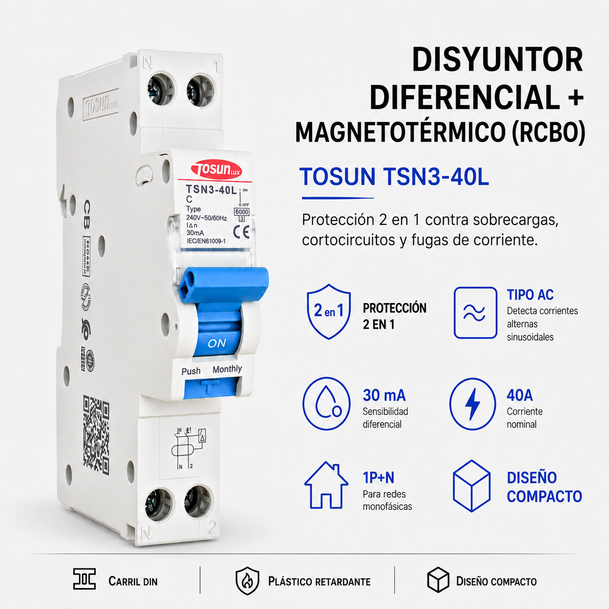 Disyuntor Diferencial 2P De 40A Y Sensibilidad 30mA, Tipo AC, Color Gris, Para Protección De Circuitos Domésticos Y Comerciales, Compatible Con Cuadros Eléctricos Estándar