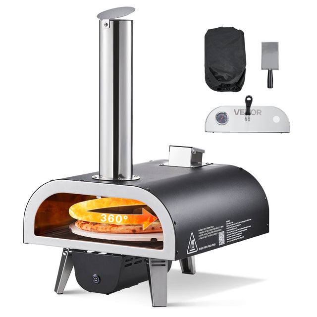 Horno de pizza exterior VEVOR, acero inox, 305 mm, a pellets de madera, termómetro y rotación eléctrica, piedra+bolsa+paleta, camping/jardín/terraza