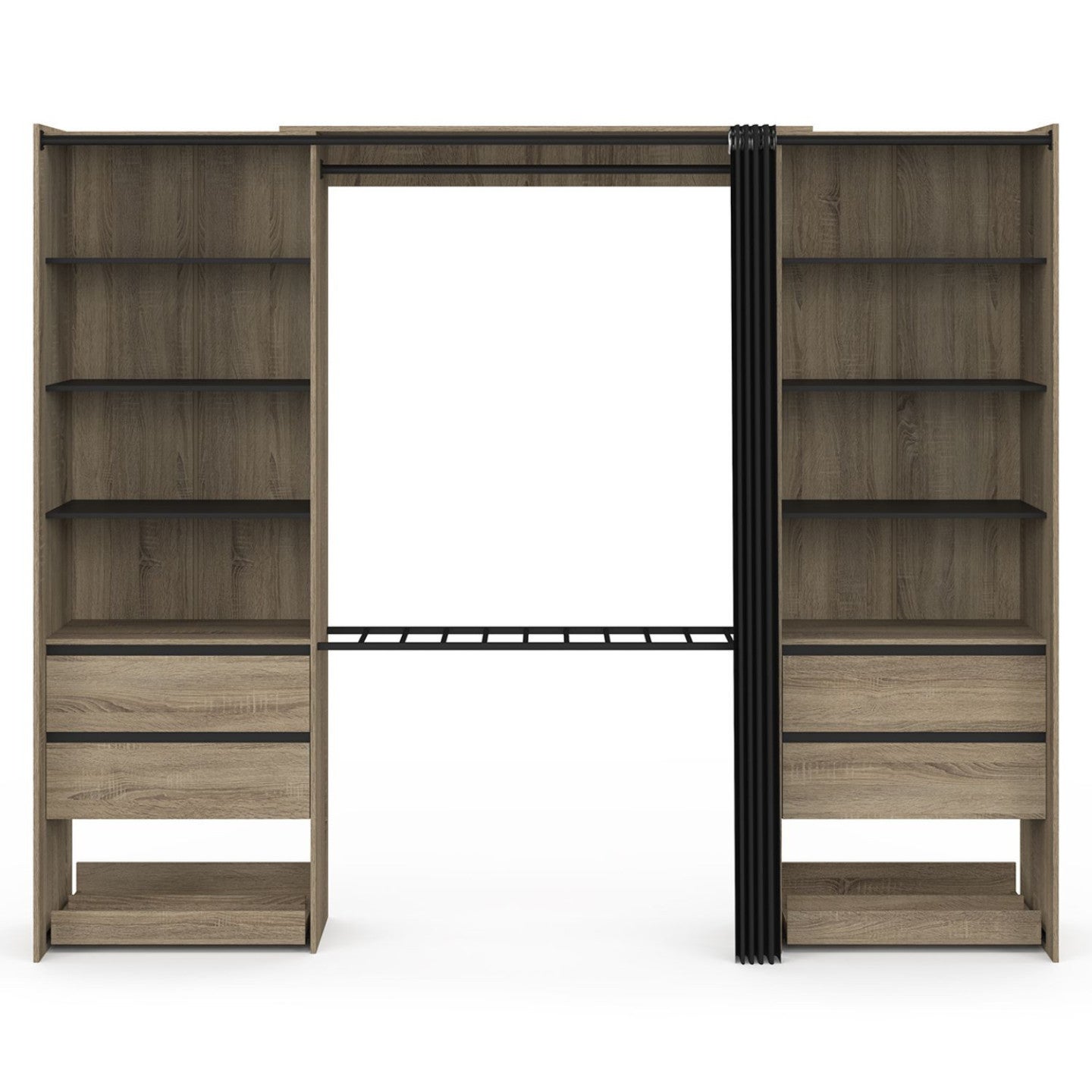 Dressing double XXL MERYL 220 cm avec porte pantalons + étagères + tiroirs + rangements à chaussures hêtre et noir - 3