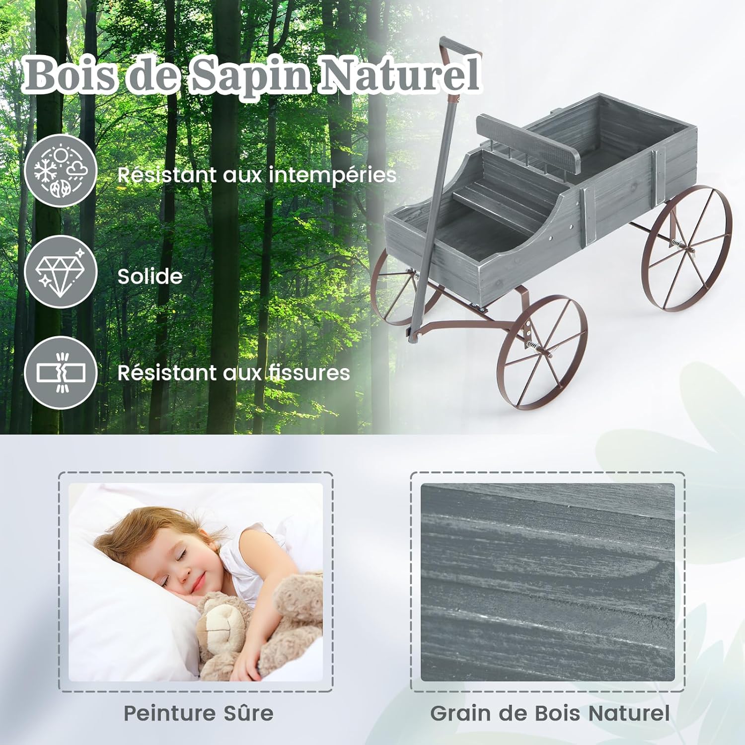 Brouette Décorative en Bois avec 2 Compartiments à Planter Roues Métalliques et Poignée à l'avant Charge 15kg pour Cour Jardin Véranda (Gris) - 6