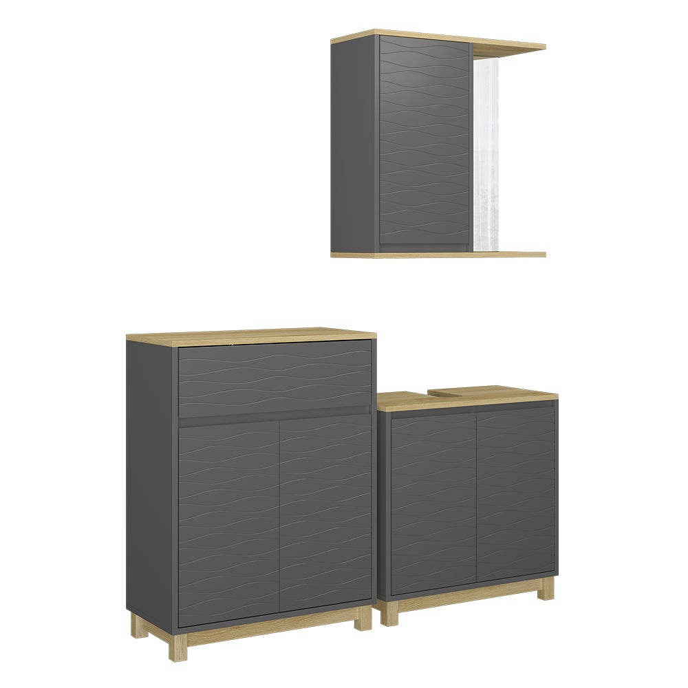 Vicco Zestaw mebli łazienkowych Livia, Antracyt/dąb, 3 części, z półką łazienkową