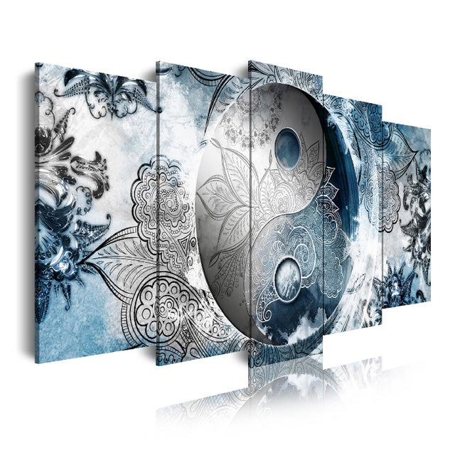 DekoArte - Cuadros Modernos Impresión de Imagen Artística | Lienzo Decorativo | Étnico ying y yang colores plataeado azul | 5 Piezas 150x80cm