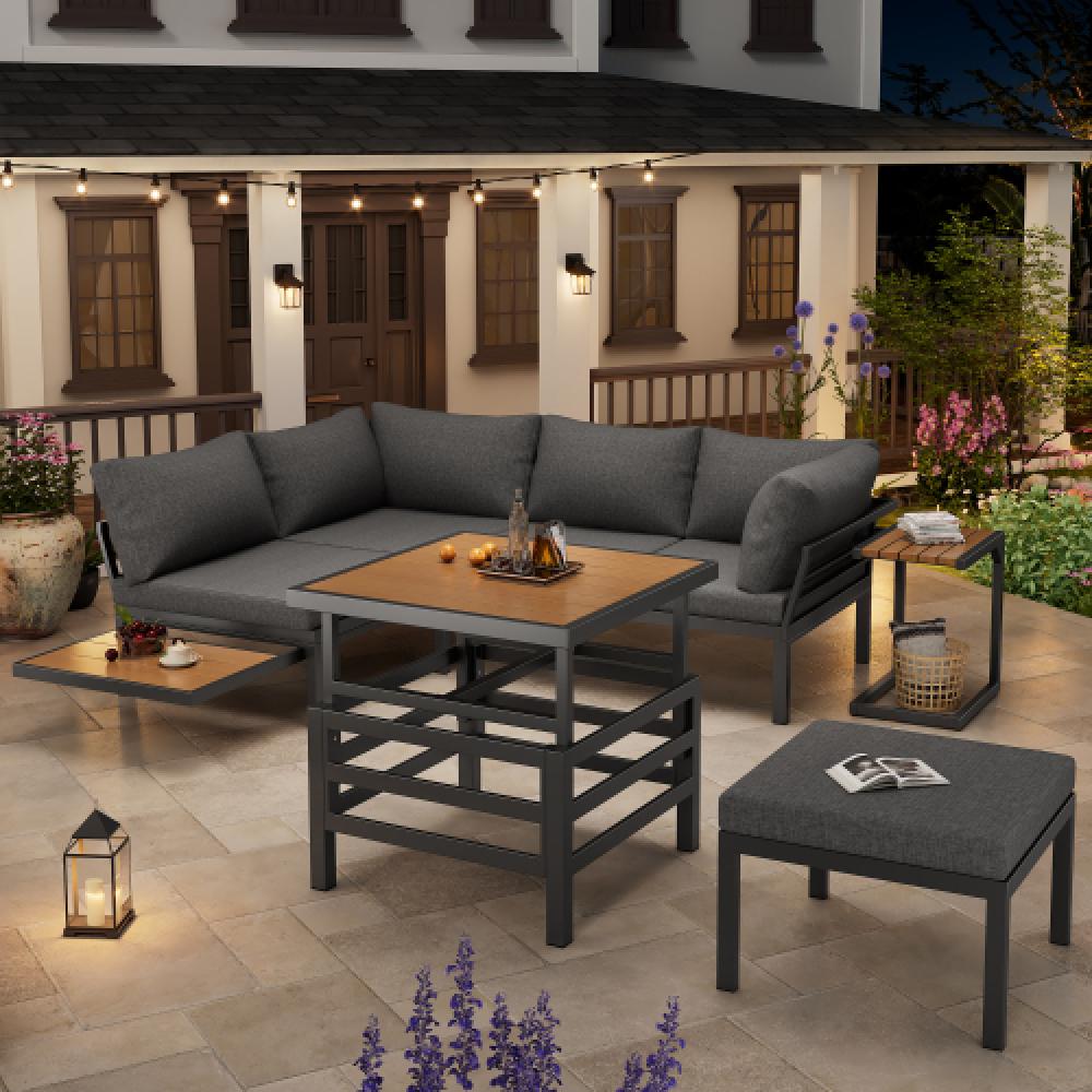 Ensemble de meubles de jardin (2 canapés doubles + 1 repose-pieds), table avec plateau en plastique, structure en fer galvanisé, coussins inclus - 3