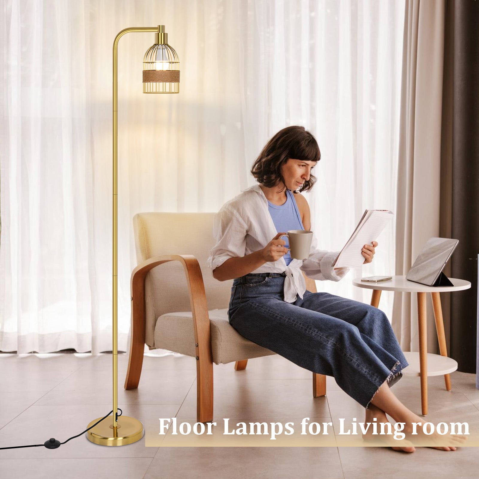 Lampadaire doré industriel – 170 cm, lampadaire sur pied design avec abat-jour en rotin, télécommande & variateur LED pour salon - 9