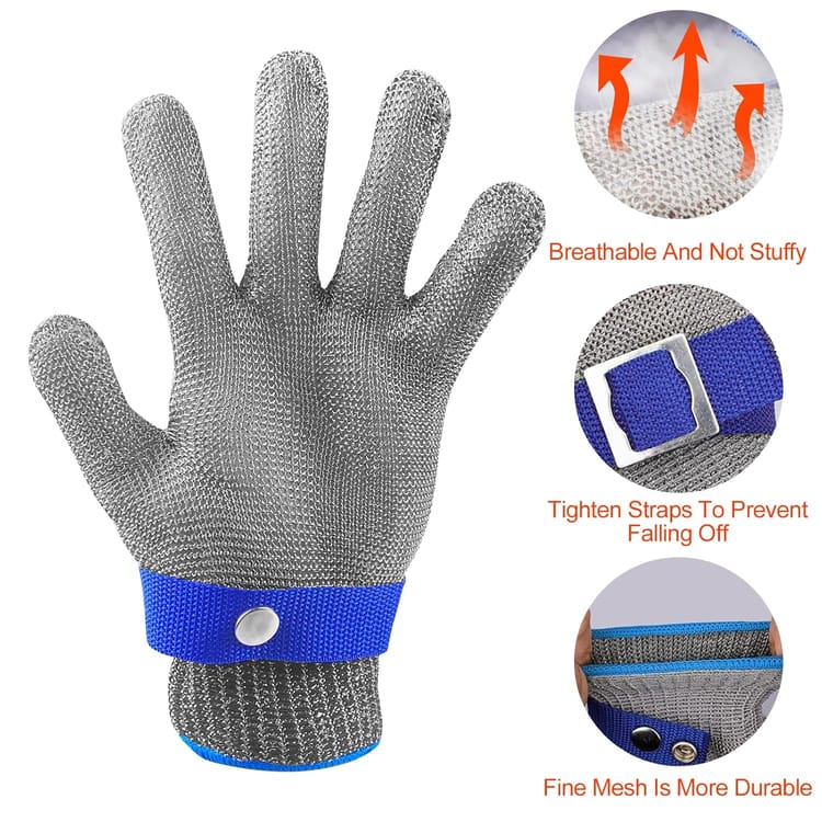 Gants Anti-Coupure Niveau 9, Protection Cuisine et Huître, Maille Acier Inoxydable pour Boucher, Découpe de Viande (Taille L) - 5