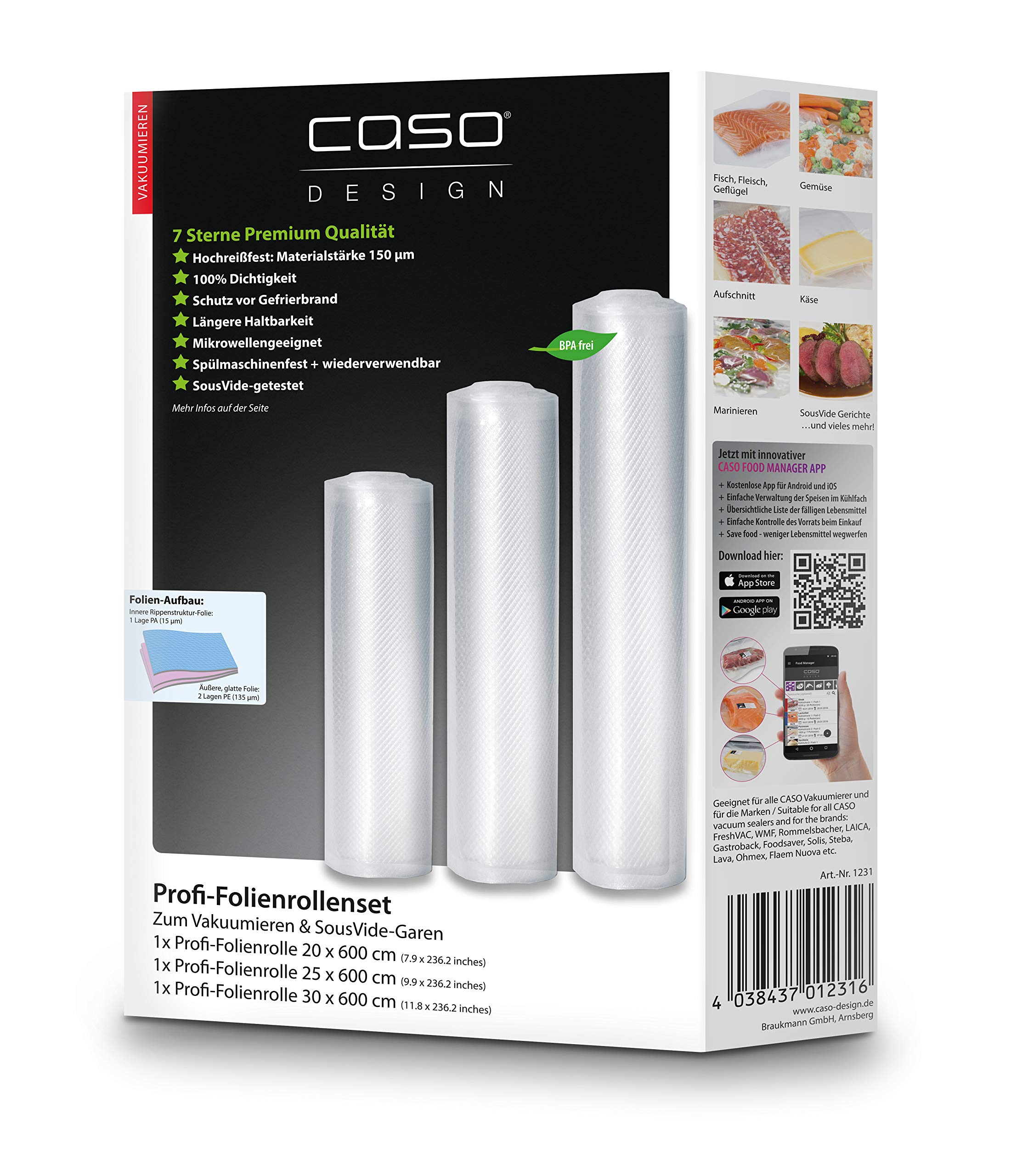 CASO Set Pellicole Sottovoto Strutturate, 4 Rotoli (2x20cmx6m + 2x30cmx6m), 105 µm, Senza BPA, Adatte A Tutte Le Macchine, Made In Germany
