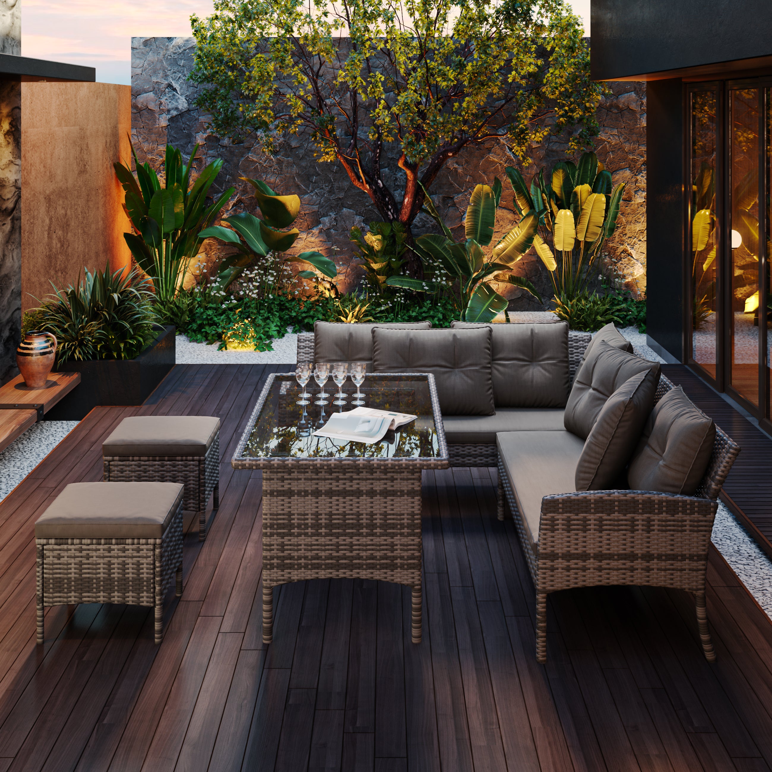 Salon de jardin en fer forgé pour 7 personnes, canapé de jardin modulable tressé, mobilier pour balcon et terrasse, avec coussins gris - 4
