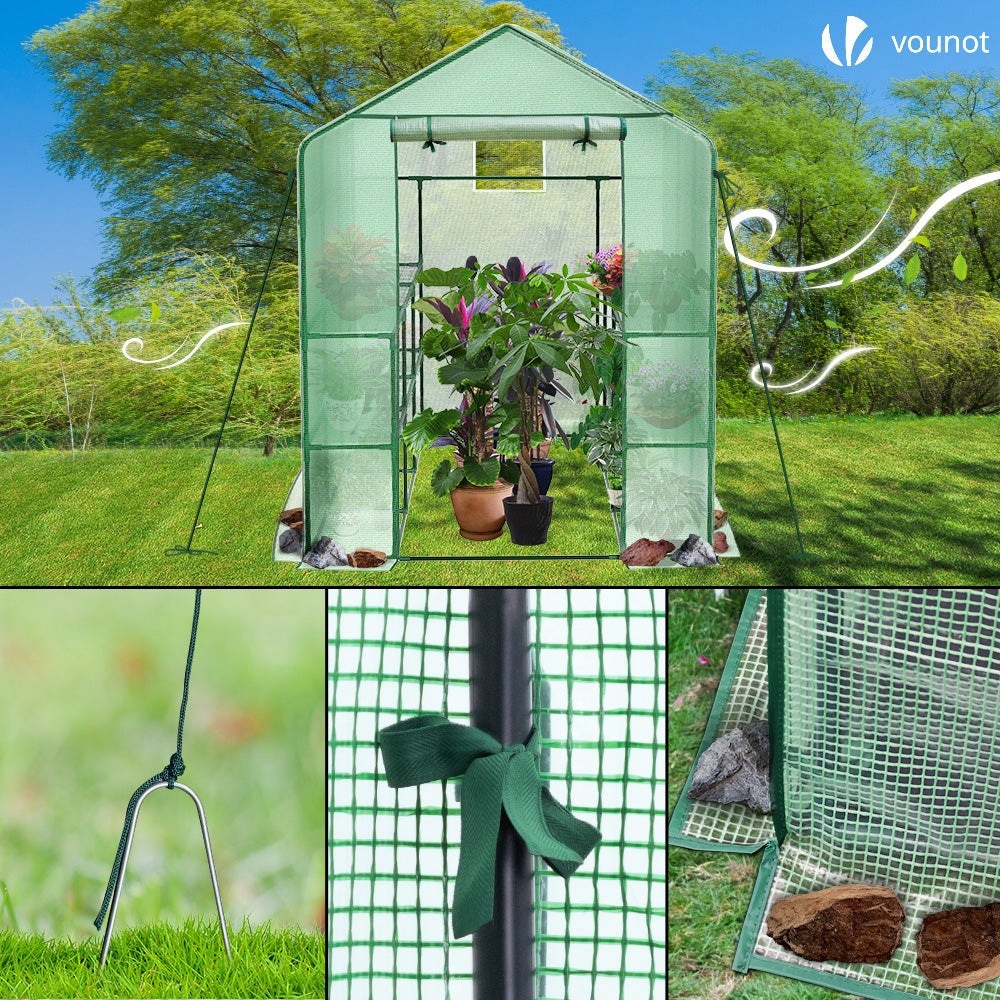 Serre de jardin avec étagères 143x215x195cm vert - bâche renforcée 135g/m², fenêtre moustiquaire, porte enroulable zippée - VOUNOT® - 7