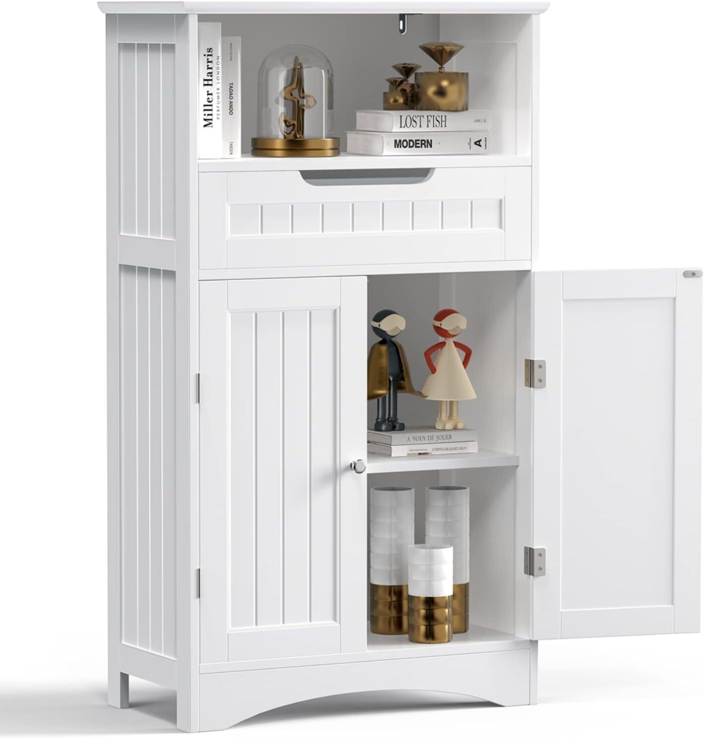 Mebel do Łazienki Niższy Mebel do Łazienki na Nożkach Mebel do Przechowywania 4 Poziomy 2 Drzwi 1 Regulowana Półka 1 Szuflada Bealife