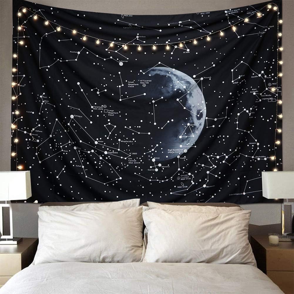 (150x200, bez lampy) Gobelin z konstelacją galaktyki, mandala w stylu boho, czarny gobelin psychodeliczny, dekoracja ścienna