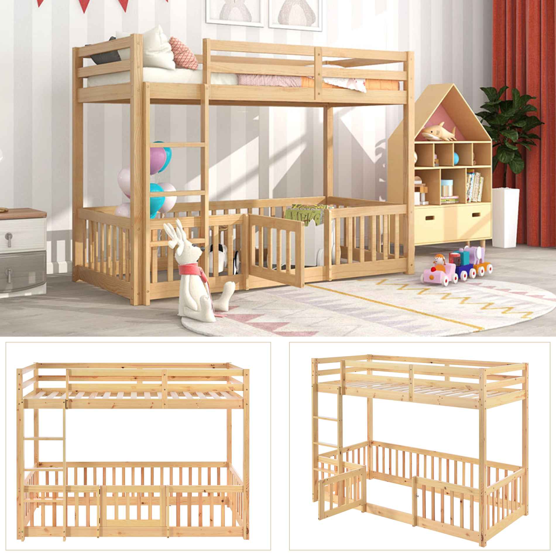 Lit superposé avec escalier droit, lit avec barrières et petite porte, lit bébé avec protection anti-chute et barreaux, bois massif, (200 x 90 cm) - 4