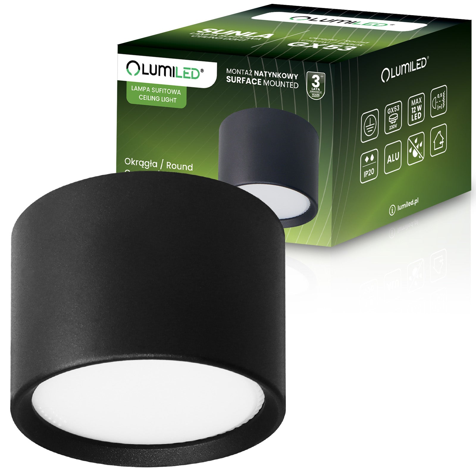 Oprawa Natynkowa Lumiled Halogenowa Tuba GX53 LED Spot Kinkiet Sufitowa Walec Czarny 1 szt.