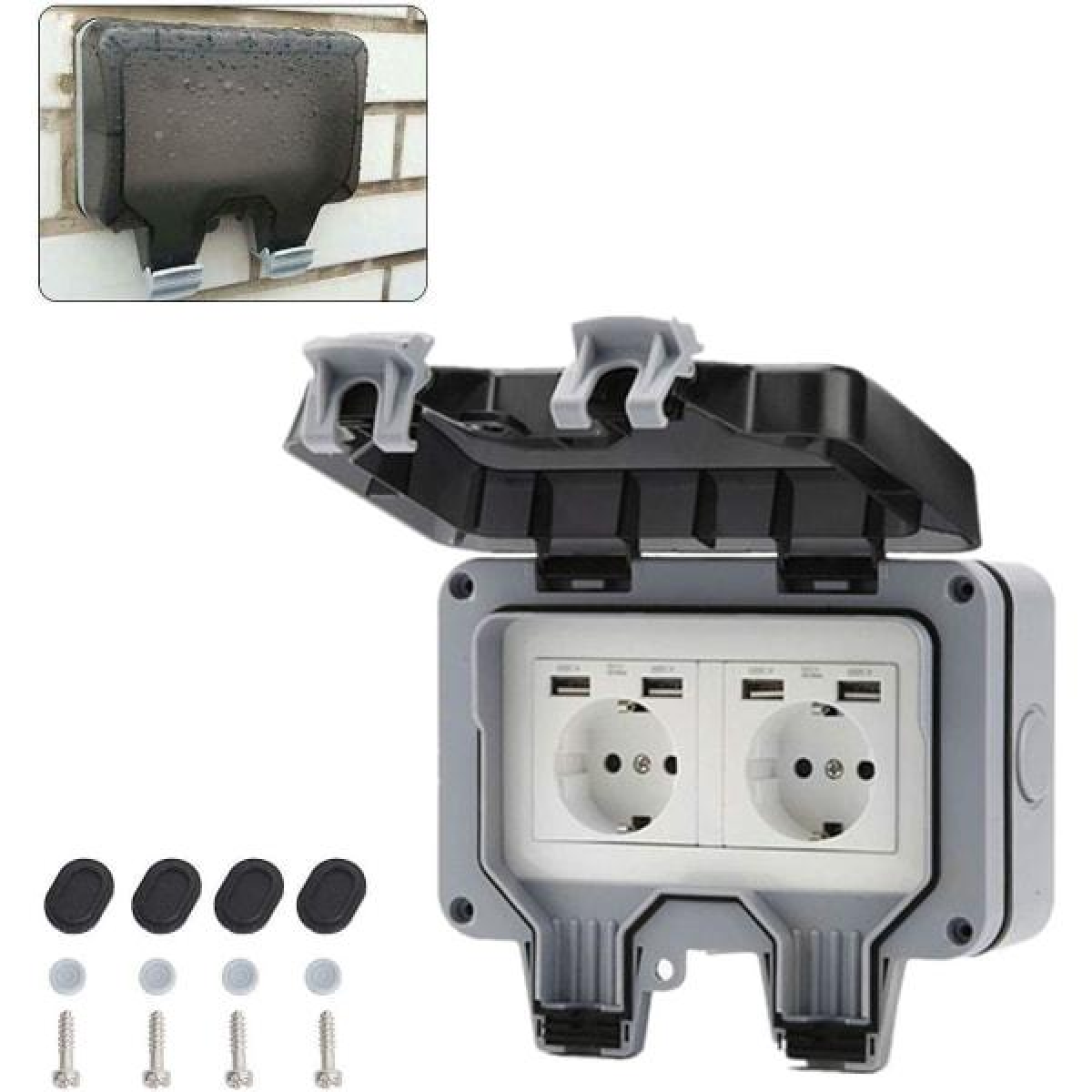 Priză exterioară impermeabilă IP66: Priză dublă + Port USB, Întrerupător dublu, Carcasă cu capac pentru grădină/garaj/piscină.
