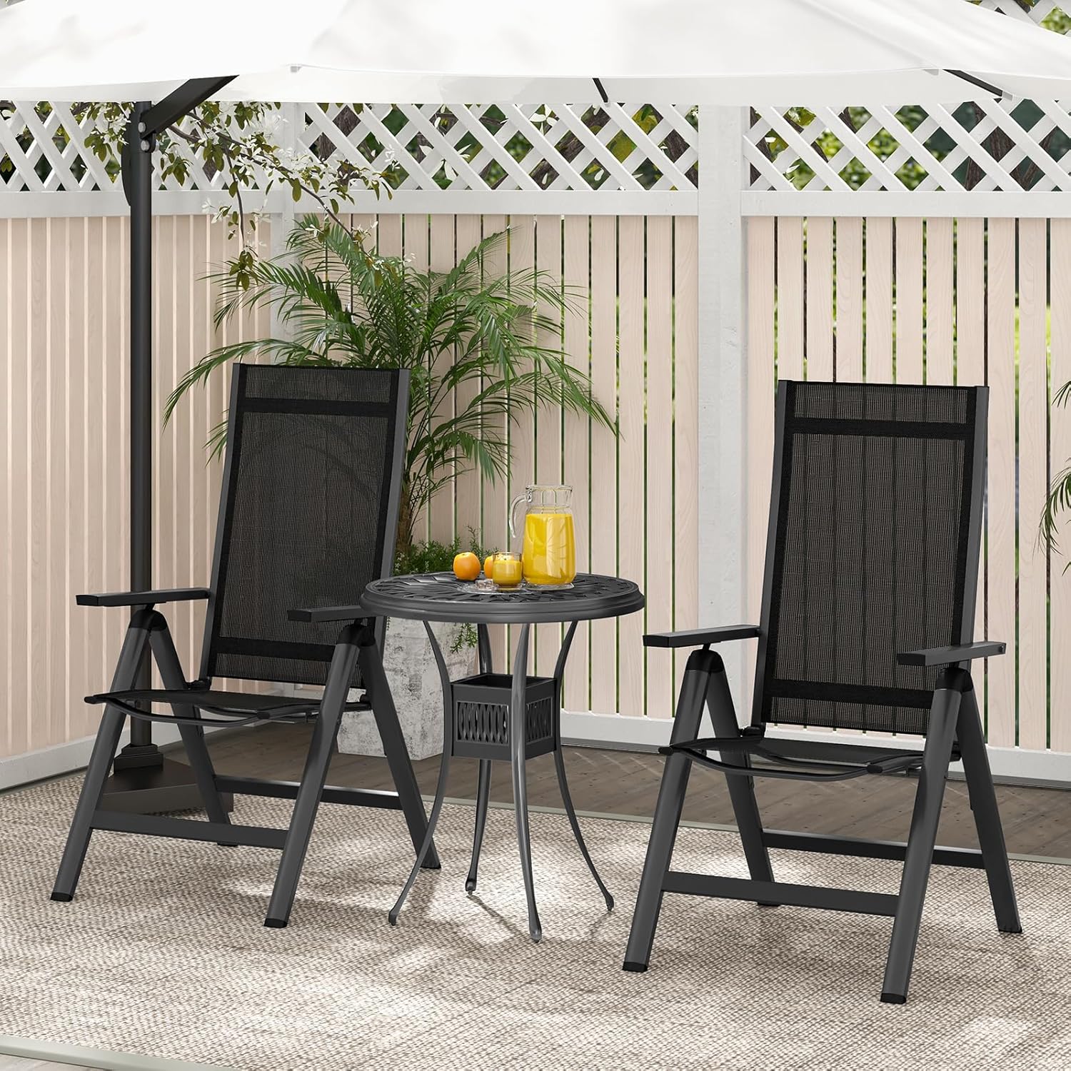 2 Składane Krzesła Ogrodowe – Oparcie Regulowane w 7 Pozycjach – Podłokietniki – Lekkie/Przenośne – Wykonane ze Stopu Aluminium i Czarnej Siatki - 8