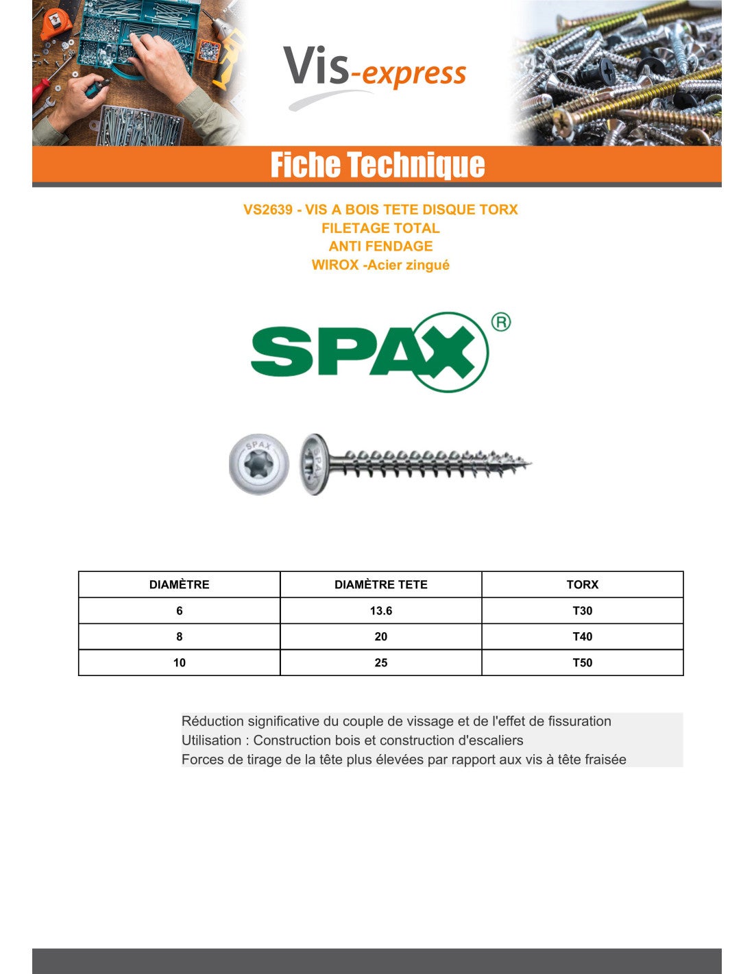Spax Vis bois Tête disque TORX T40 8X340 Filetée sur 80 4CUT WIROX-5 pièces - 2
