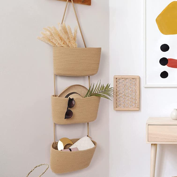 Paniers suspendus au-dessus de la porte, sac de rangement en coton tissé à 3 niveaux, paniers de cuisine décoratifs muraux pour chambre d'enfant - 7