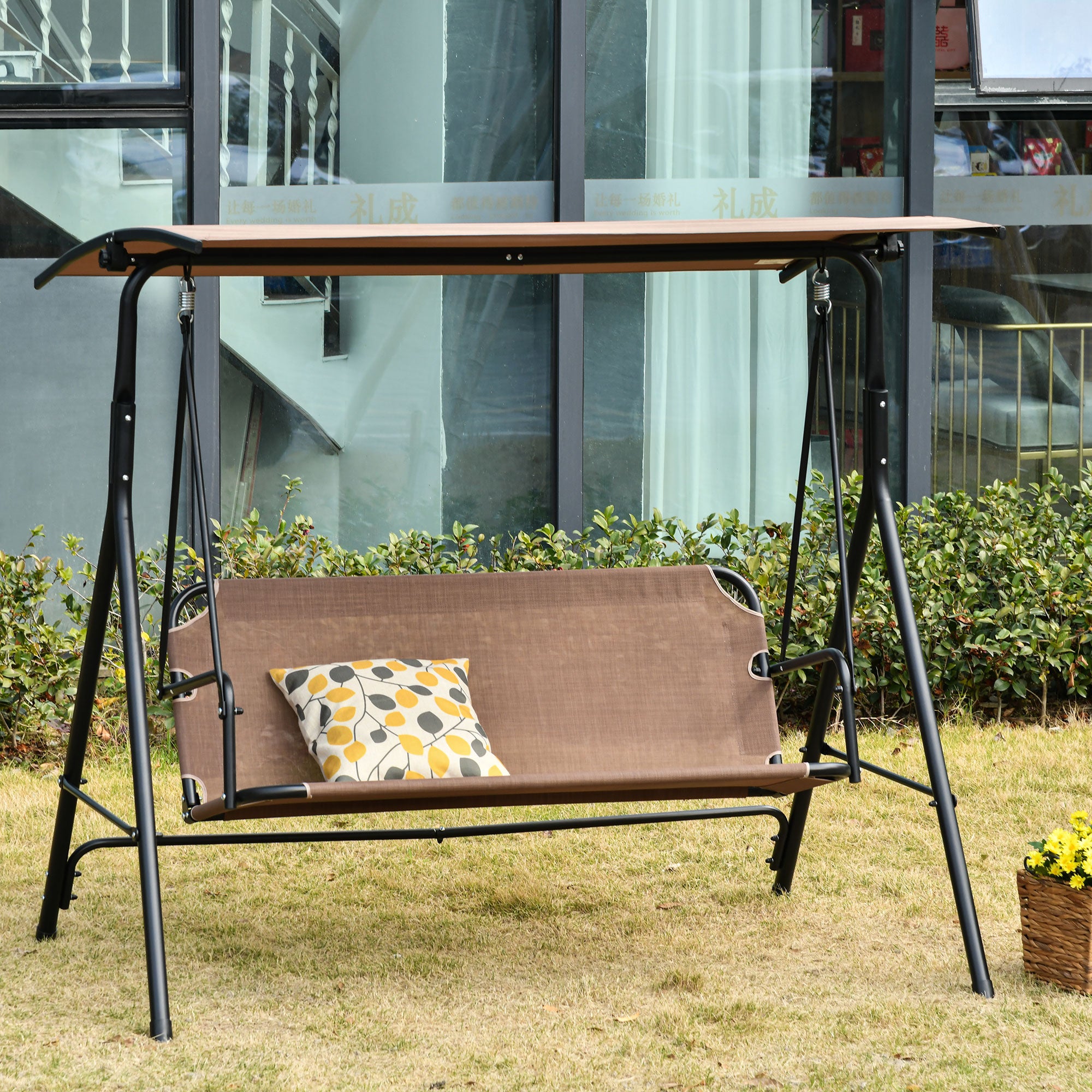 Balançoire de jardin en terrasse 2 places avec auvent solaire réglable, métal et marron Texteline 172x110x155cm pour la maison - 3