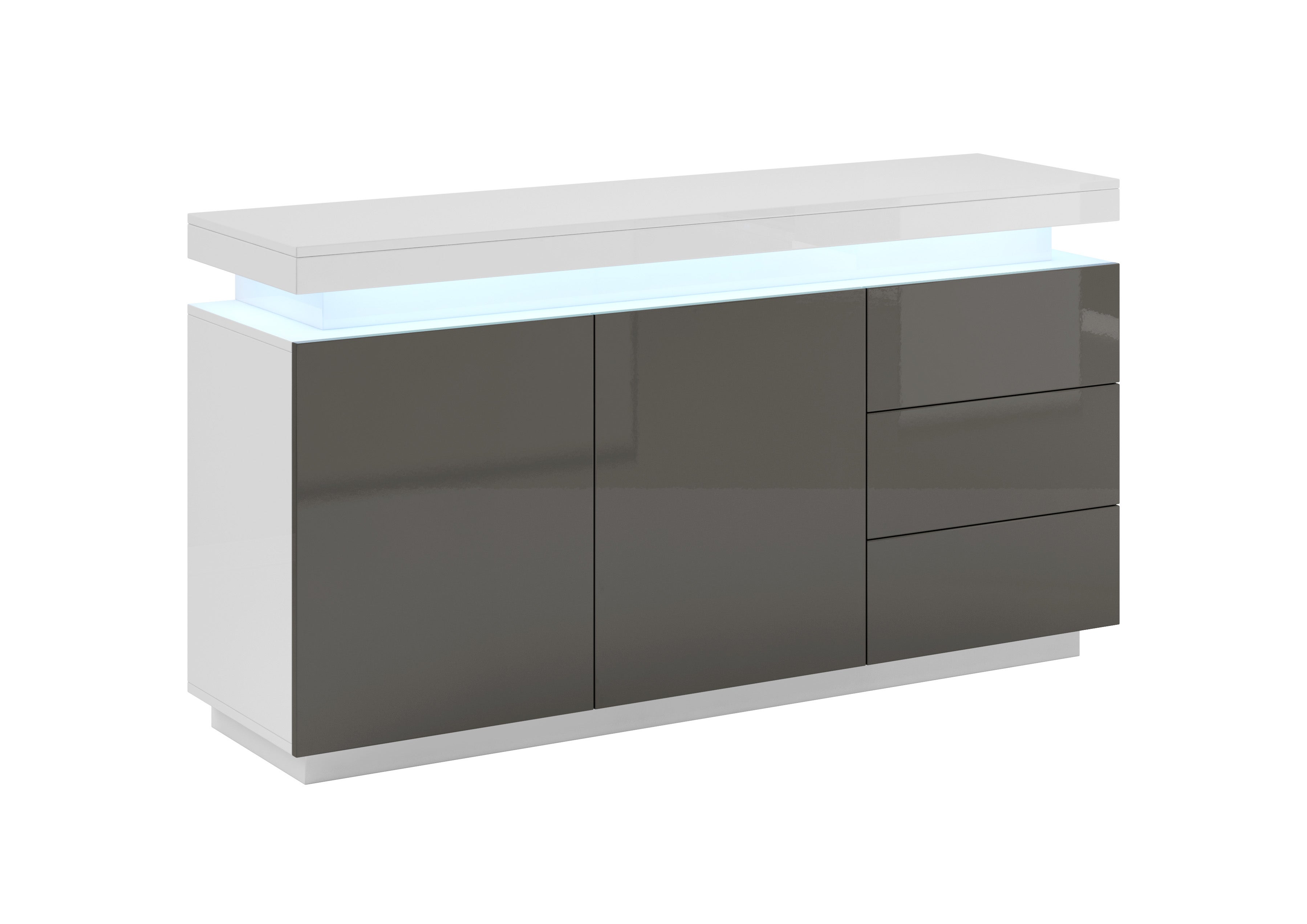 Credenza, credenza lucida con ripiani in vetro e barra luminosa, tre