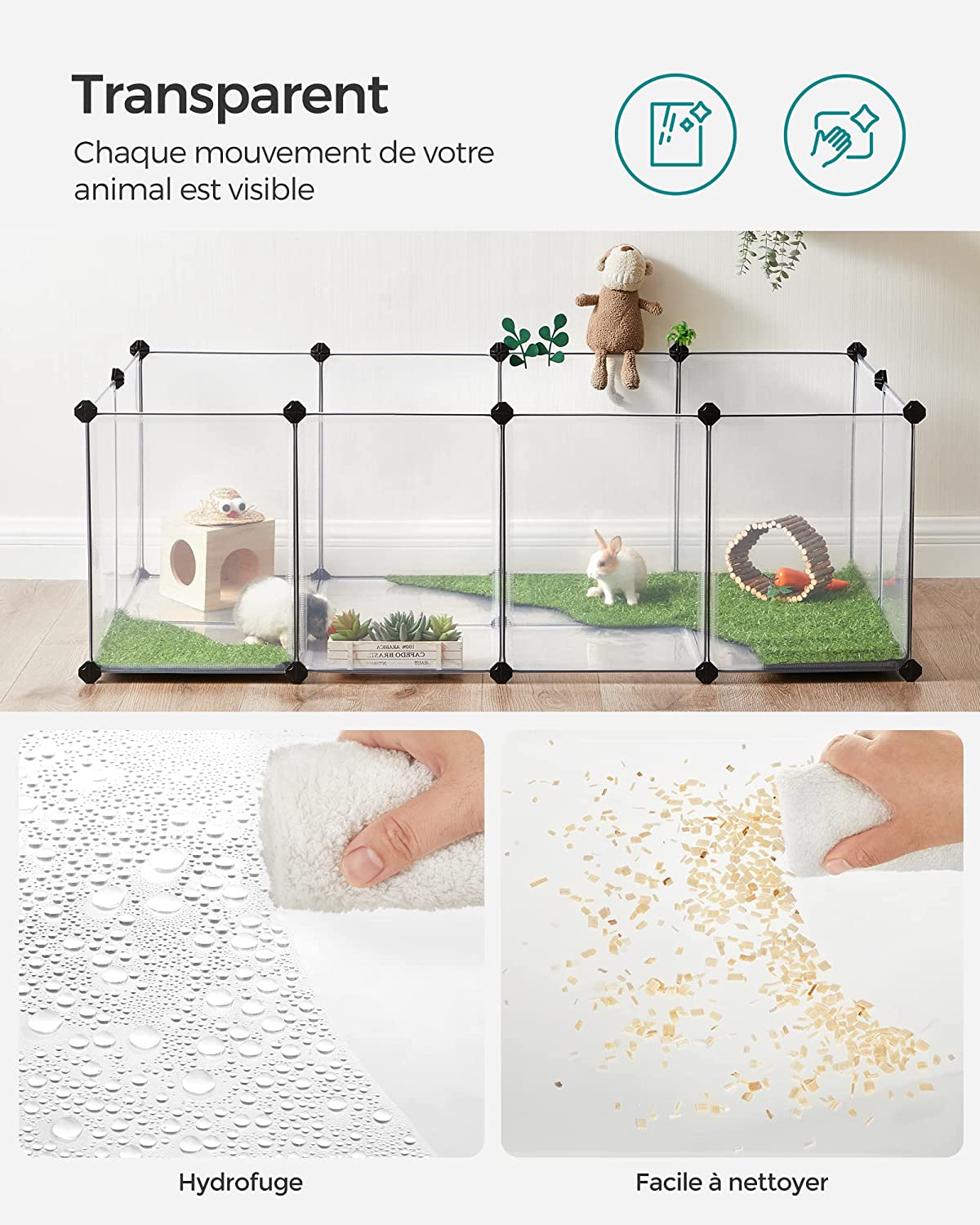 SONGMICS Parc Enclos, Cage, Clôture, avec Plancher, Intérieur, Modulable, Transparent, en Plastique, pour Cochon d’Inde, Lapin, Petits Animaux, Blanc - 3
