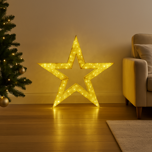 Lights4fun Juego De 3 Estrellas Luminosas 3D En Metal Dorado Con 402 Micro LED Blanco Cálido Decoración Navideña Para Interiores Y Exteriores