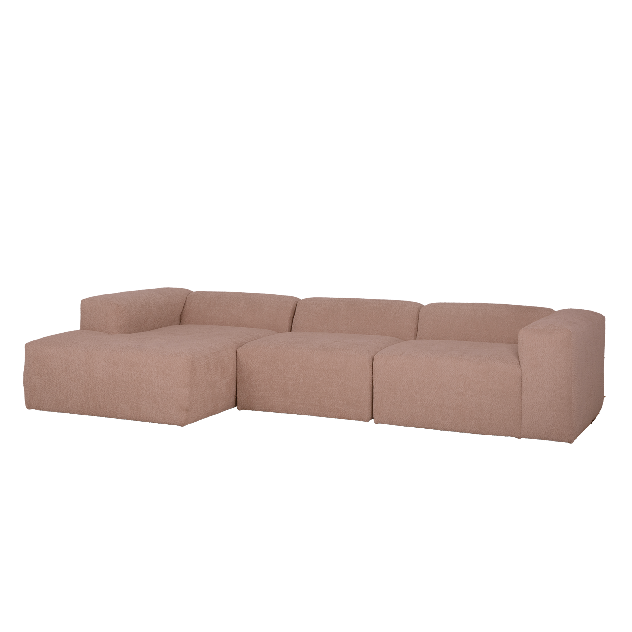 Berta - sofá de 3 módulos con chaise longue izquierdo de bouclé rosa 330x70x172cm - decowood