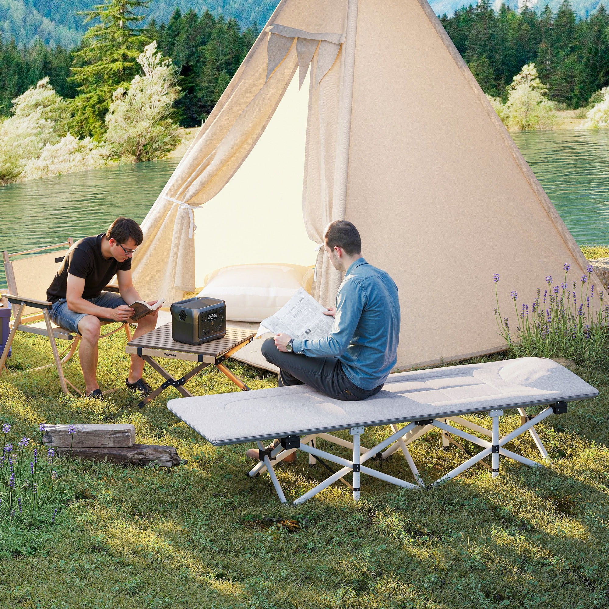 Lit de camping Outsunny pliable avec matelas transat chaise longue sac de rangement intégrée dim. 185L x 65l x 37H cm gris - 2