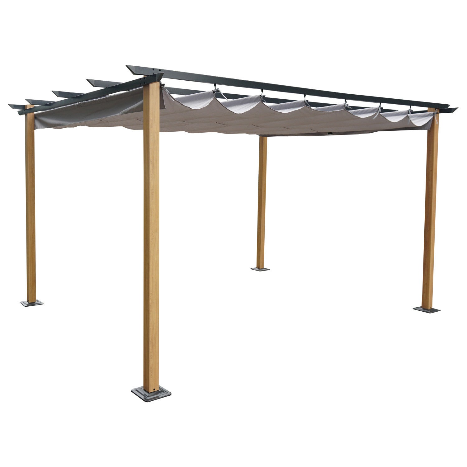 Tonnelle/Pergola en aluminium 3x4m toile coulissante rétractable - bois et gris - HAWAI - Avril Paris - 2