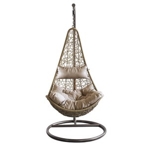 Kideo Set Poltrona Sospesa In Rattan Sintetico - Struttura, Cestino E Cuscini Inclusi - Nero E Marrone Scuro - Portata 120 Kg - 2