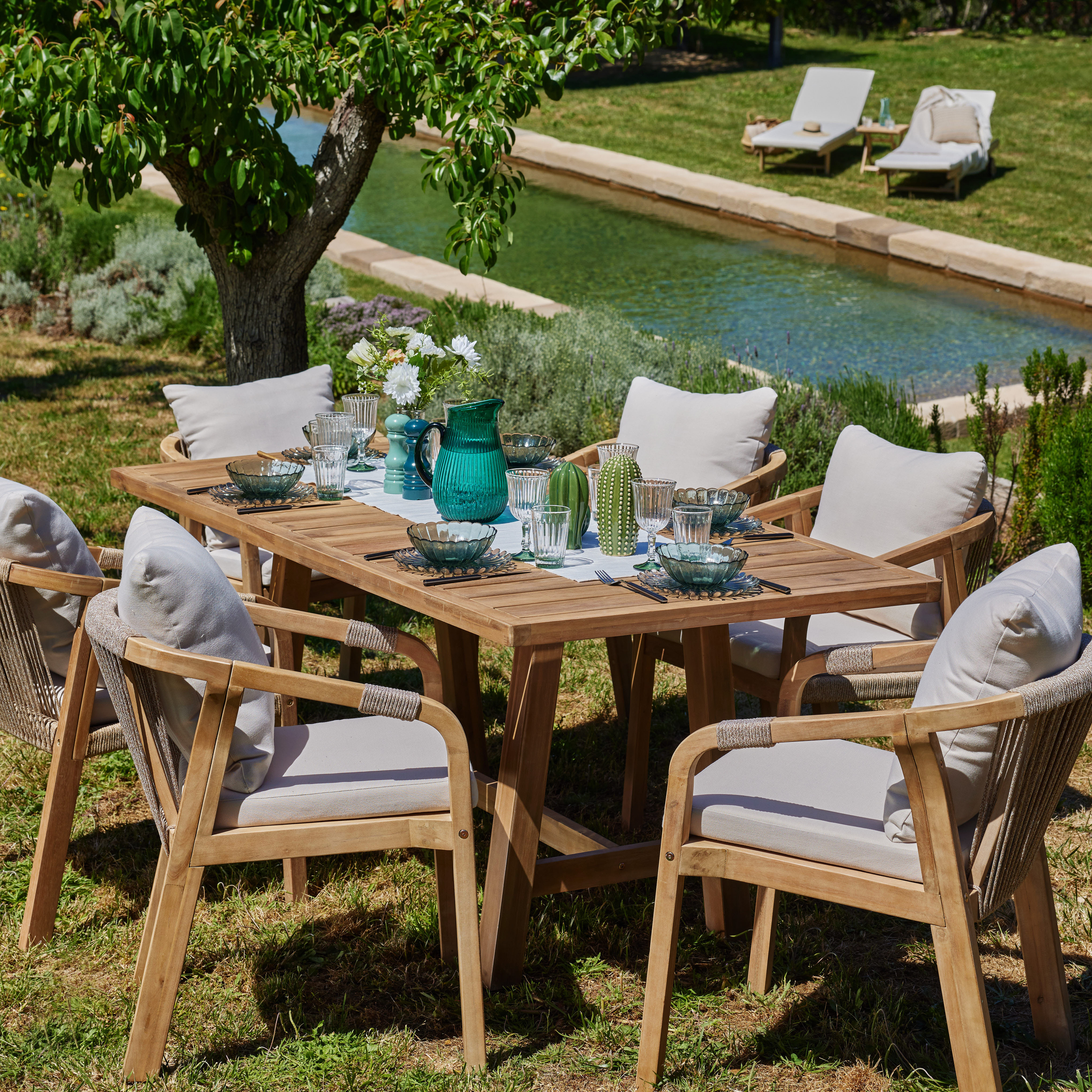 Conjunto mesa jardín 170×90 cm y 4 sillas madera y cuerda - Siena - 8