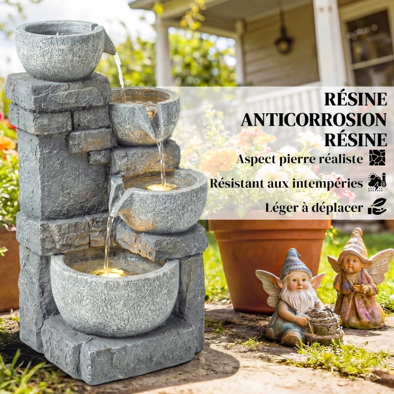 Fontaine de Jardin Cascade 4 Niveaux Effet Pierre et Brique avec LED 28 x 25 x 54,5 cm Gris - 10
