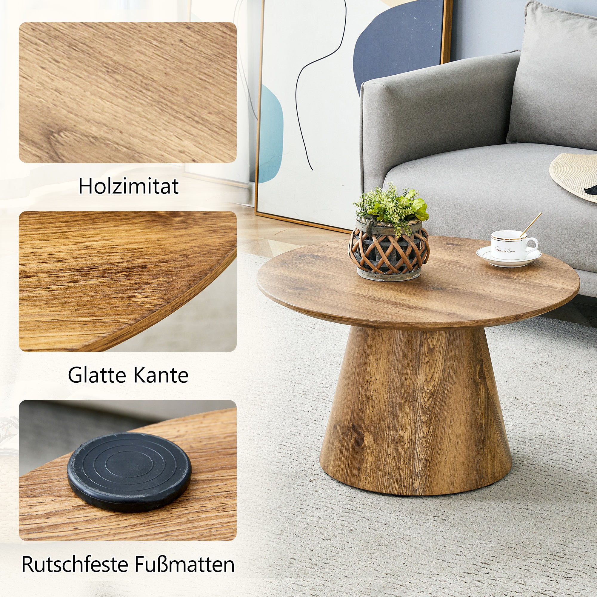 Table basse ronde bois naturel (MDF) – 60 cm x 35 cm, Avec film décoratif bois haut de gamme – table d'appoint bout de canapé,Grain Naturel Noyer - 6