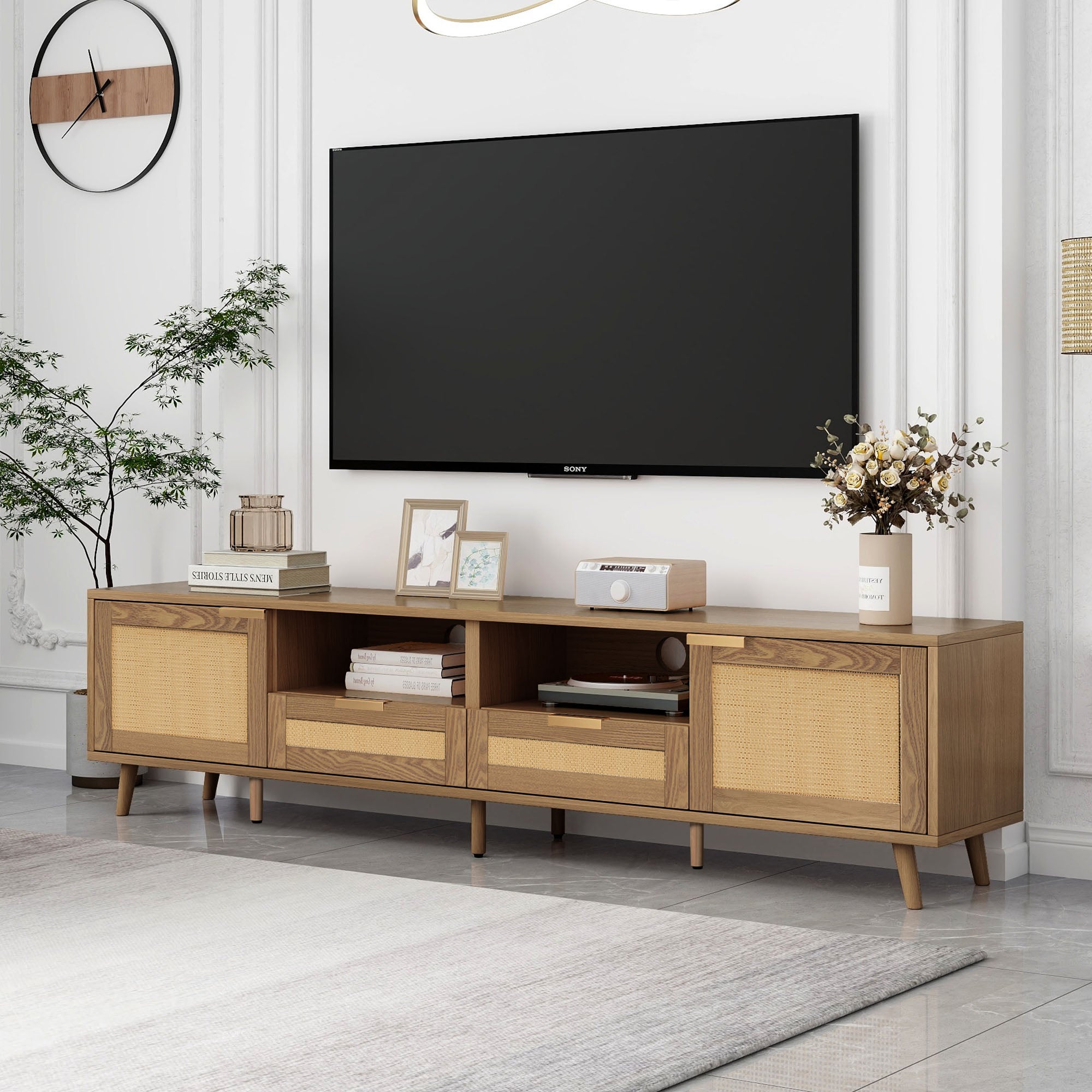 Szafka RTV z 2 drzwiami, 2 szufladami i 2 wnękami - lite drewno - kolor naturalny - 200 x 37 x 49 cm