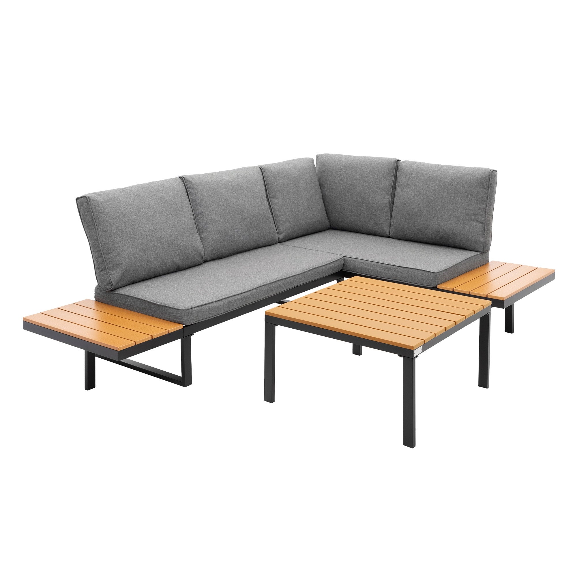 ML-Design zestaw mebli ogrodowych narożny 3-częściowy sofa modułowa szara imitacja drewna poduszki stolik kawowy wodoodporny odporny na warunki